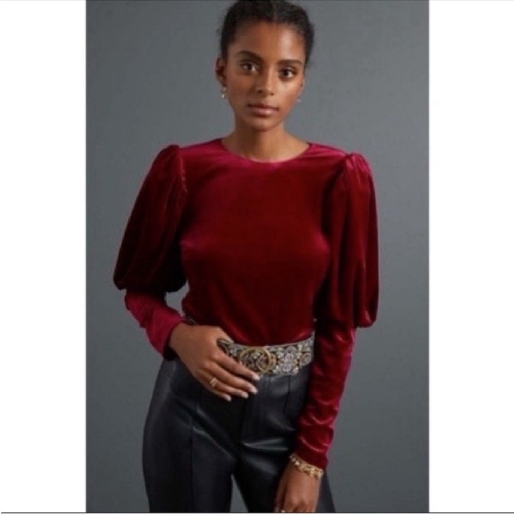 Anthropologie Velvet Puff Sleeve Blouse Pink Crew Neck Top Size Large NWT